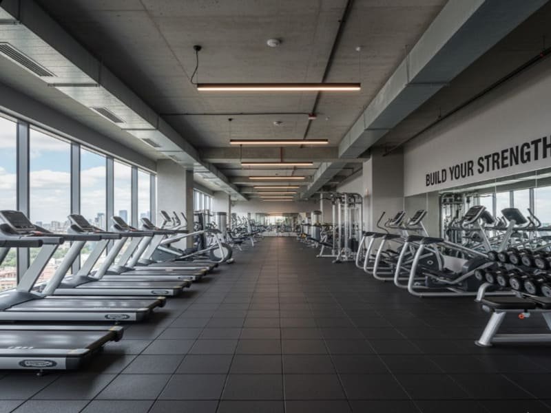 A person mopping a newly installed black rubber gym floor with a yellow bucket nearby